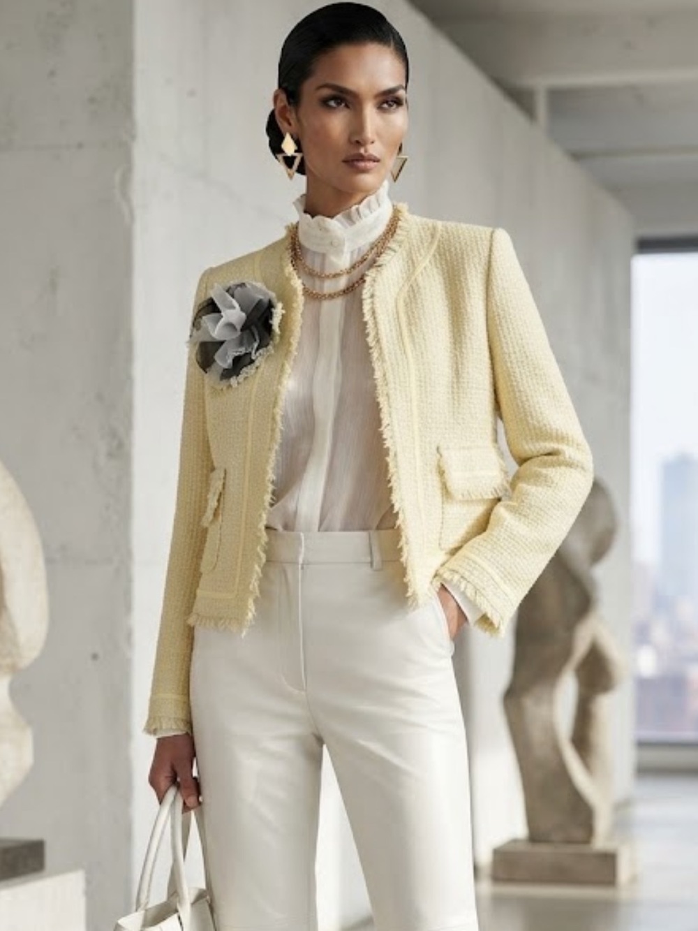 Vintage Pale Yellow Textured Fringe Jacket w Removable Flower Brooch  Y2K NWOT